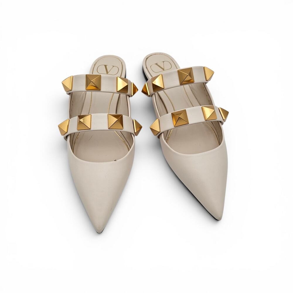 Valentino Garavani Roman Stud Flat Cage Mule Slide White Leather Gold Size 39 9